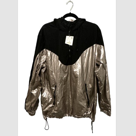 NWT Zara Shiny Silver Metallic Zip Hooded Sport Jacket Windbreaker Anorak L - Picture 2 of 7